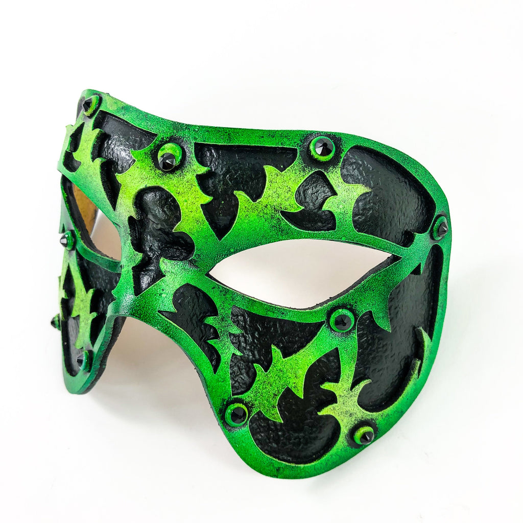 Dual Layer Handmade Genuine Leather Mask in Green and Black with Swarovski Crystals by Rockwell Masks