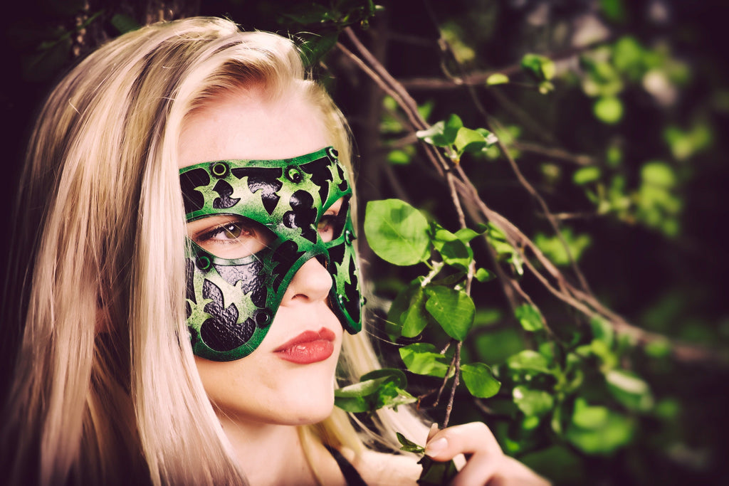 Dual Layer Handmade Genuine Leather Mask in Green and Black with Swarovski Crystals by Rockwell Masks