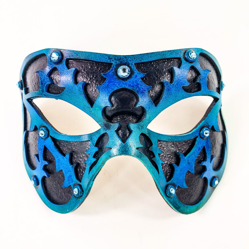 Dual Layer Handmade Genuine Leather Mask in Blue and Black with Swarovski Crystals by Rockwell Masks
