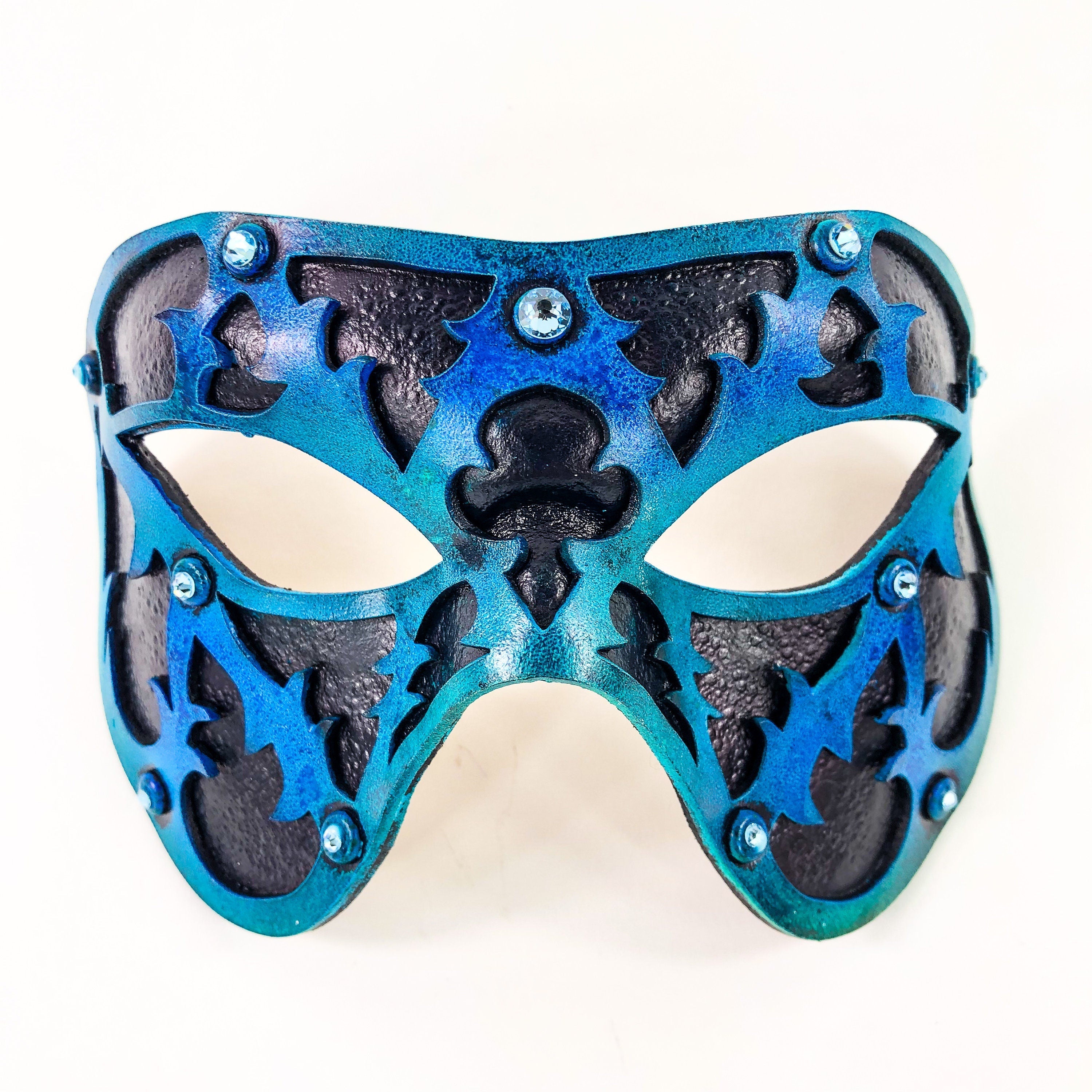 Dual Layer Handmade Genuine Leather Mask in Blue and Black with Swarovski Crystals by Rockwell Masks