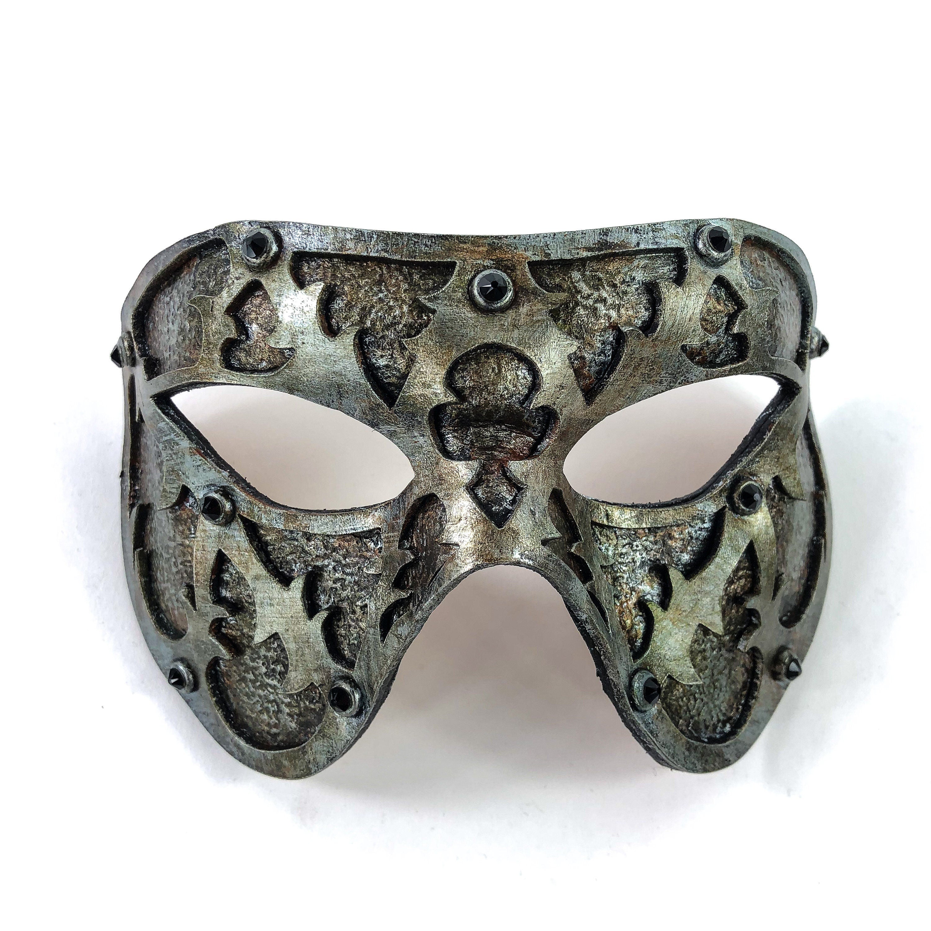Dual Layer Handmade Genuine Leather Mask in Silver Rust with Swarovski Crystals by Rockwell Masks