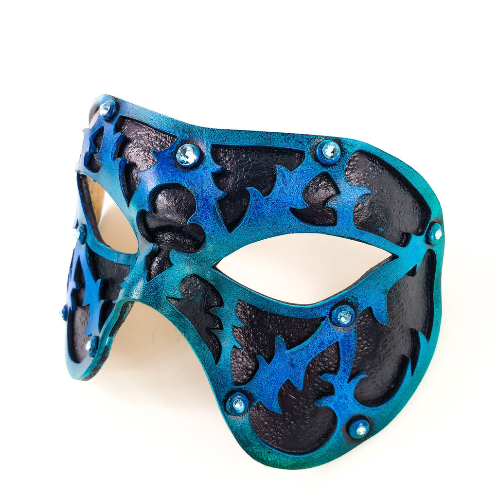 Dual Layer Handmade Genuine Leather Mask in Blue and Black with Swarovski Crystals by Rockwell Masks