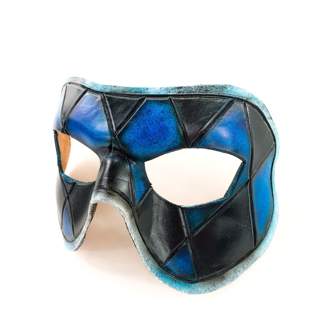 Harlequin Handmade Genuine Leather Mask in Black and Blue by Rockwell Masks