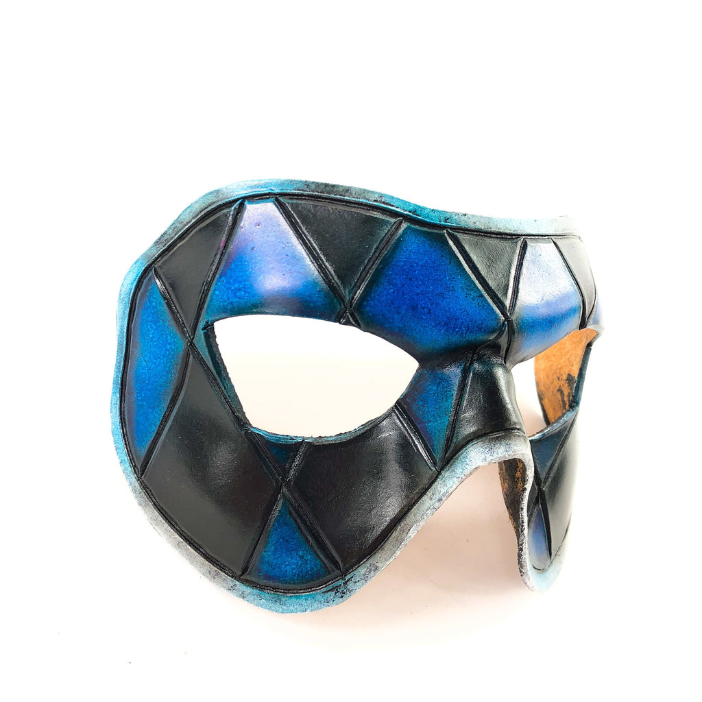 Harlequin Handmade Genuine Leather Mask in Black and Blue by Rockwell Masks