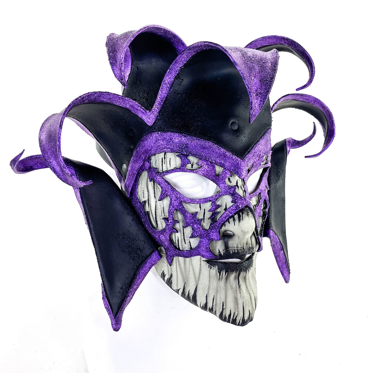 Venetian inspired Jester Mask in Purple and Black - Wearable or Wall Art - Handmade Genuine Leather by Rockwell Masks