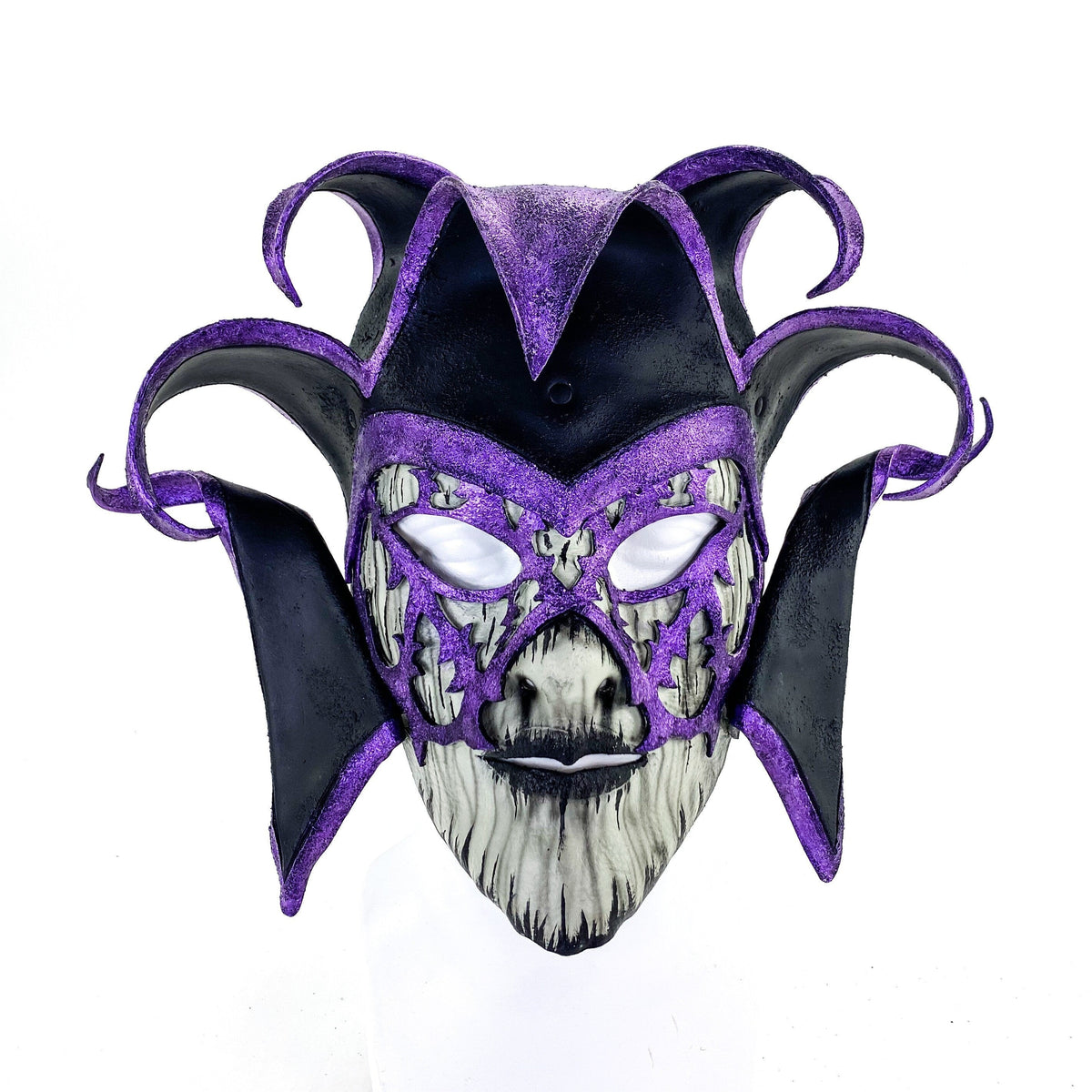 Venetian inspired Jester Mask in Purple and Black - Wearable or Wall Art - Handmade Genuine Leather by Rockwell Masks