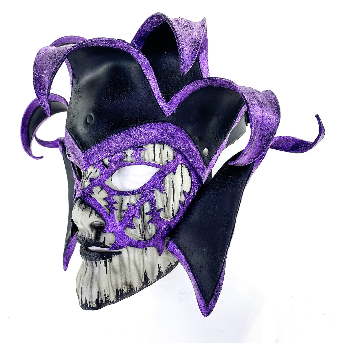 Venetian inspired Jester Mask in Purple and Black - Wearable or Wall Art - Handmade Genuine Leather by Rockwell Masks