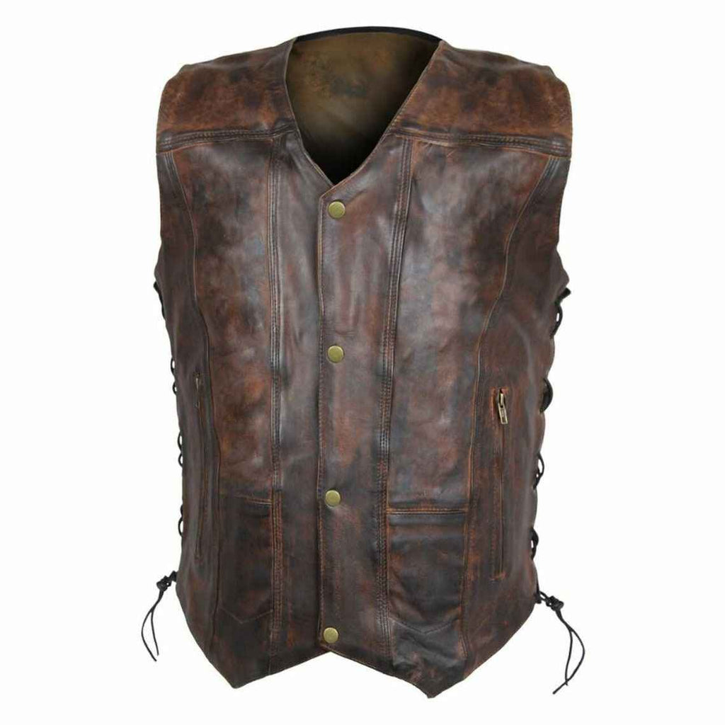 Brown Distressed Biker Leather Vest Handcrafted by Ox and Bulls - Premium Quality and Unique Style - Big Tim's Magic Emporium