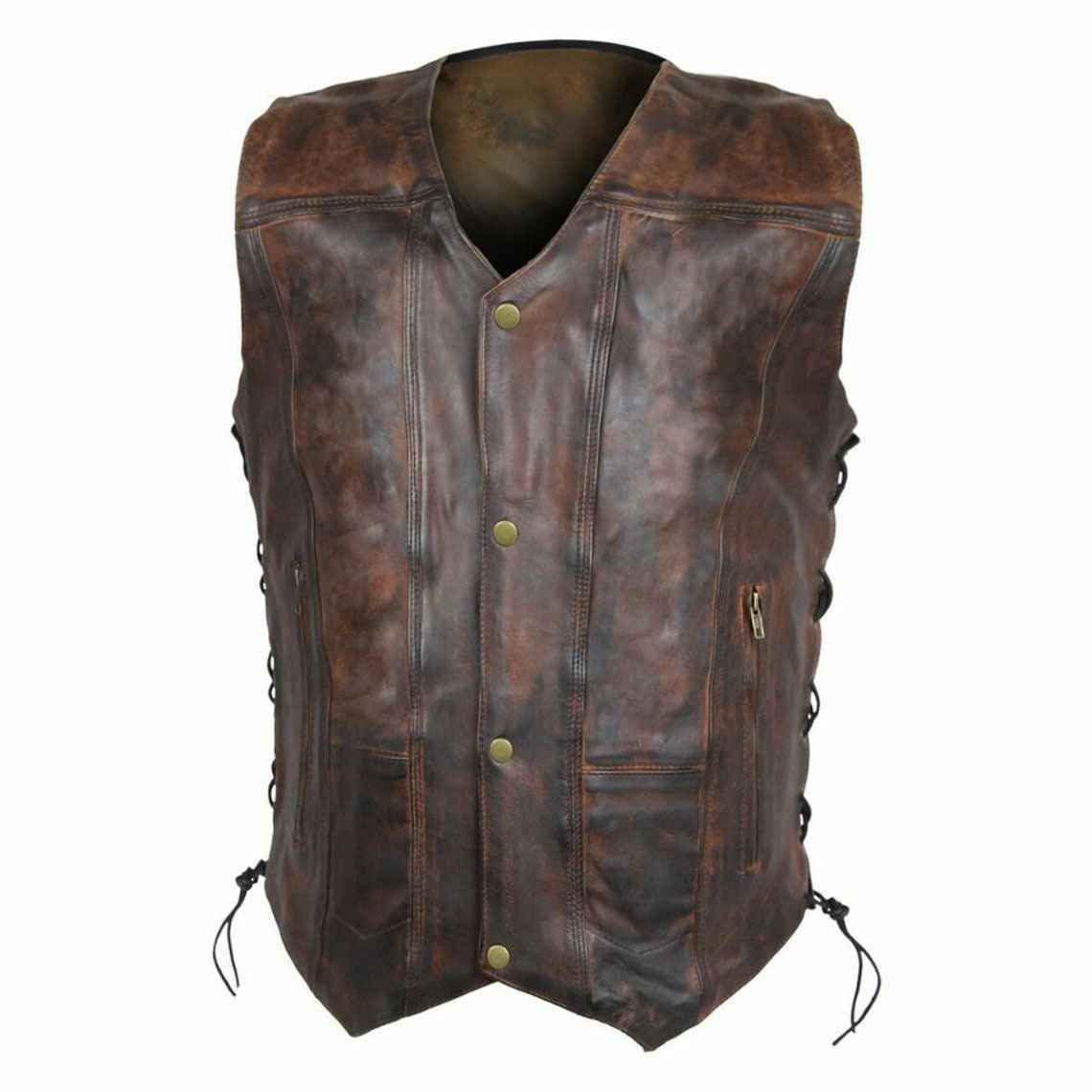 Brown Distressed Biker Leather Vest Handcrafted by Ox and Bulls - Premium Quality and Unique Style - Big Tim's Magic Emporium