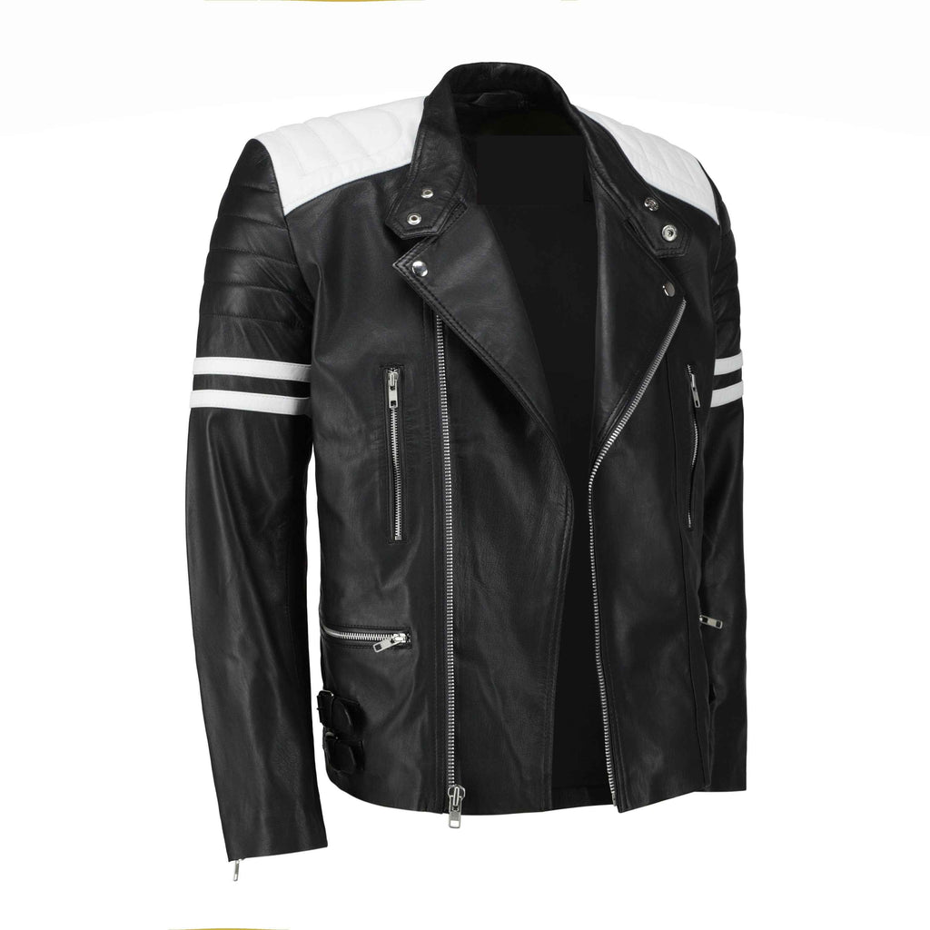 Rodger's Biker Style Leather Jacket - Handcrafted Black and White Biker Jacket by Ox and Bulls - Big Tim's Magic Emporium
