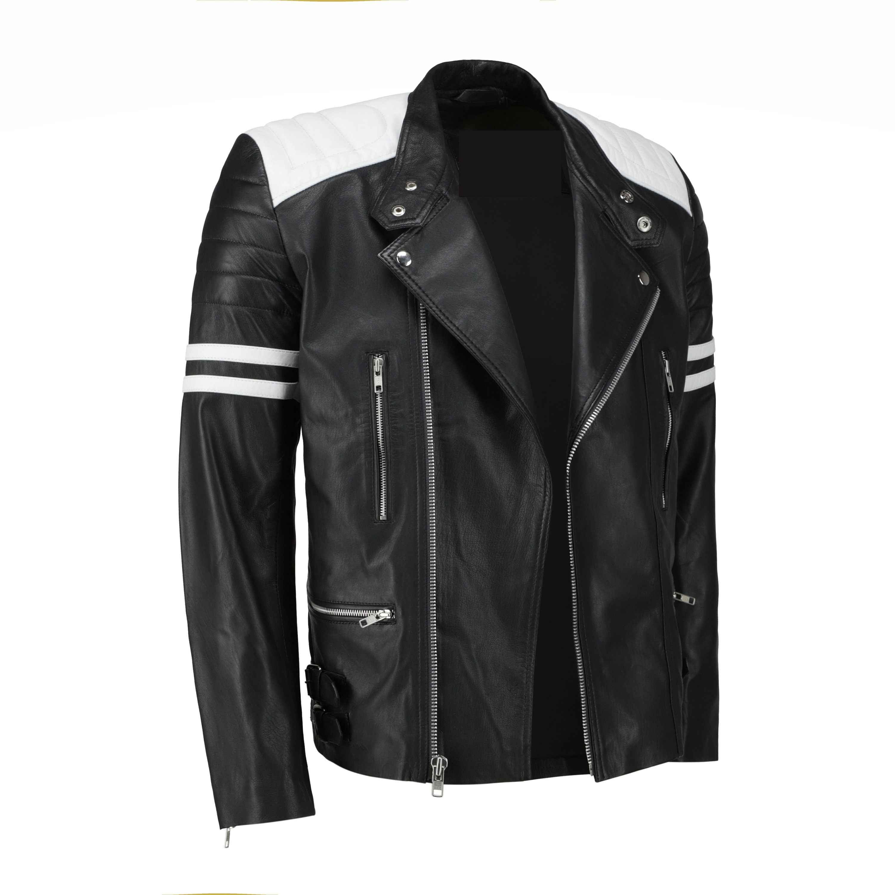 Rodger's Biker Style Leather Jacket - Handcrafted Black and White Biker Jacket by Ox and Bulls - Big Tim's Magic Emporium