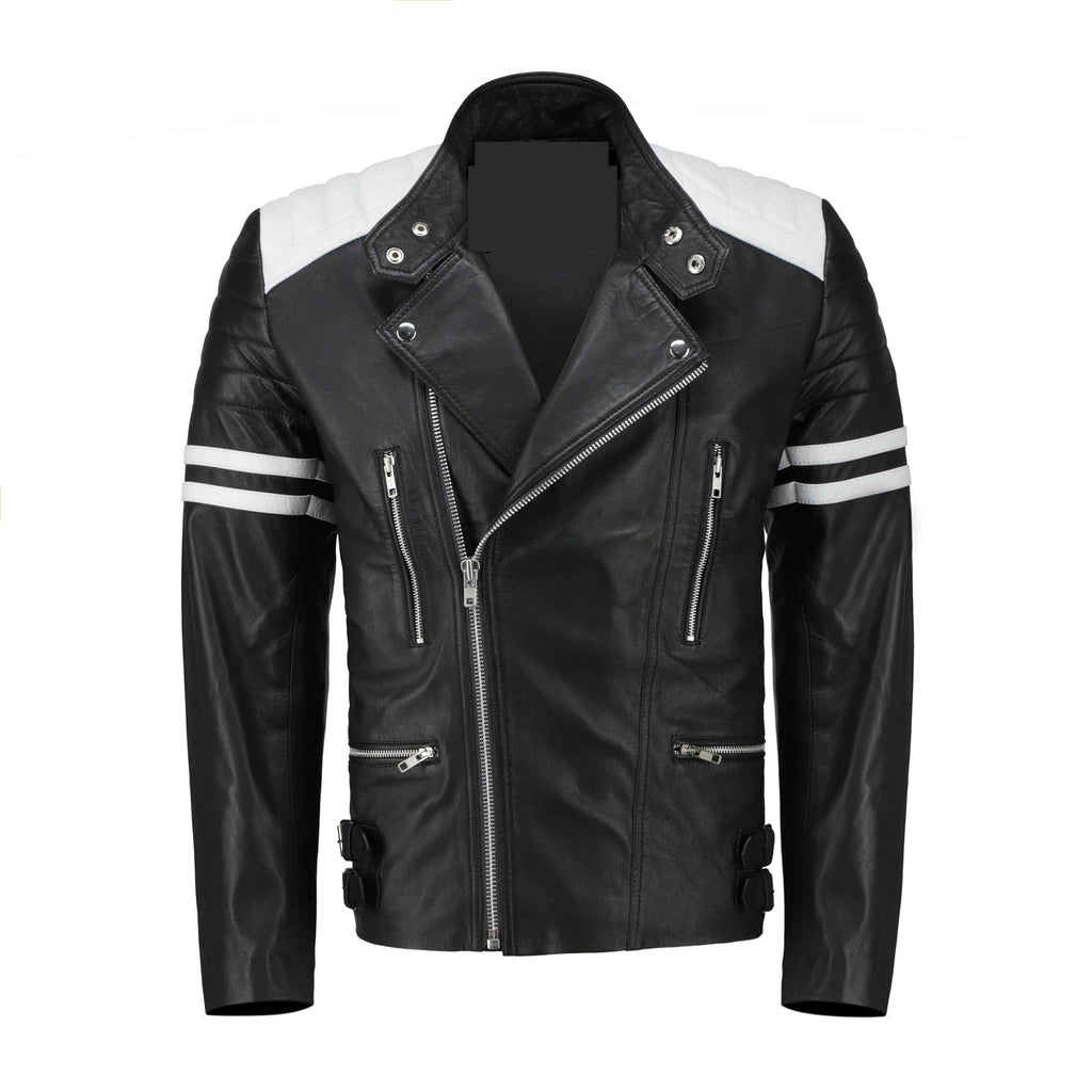 Rodger's Biker Style Leather Jacket - Handcrafted Black and White Biker Jacket by Ox and Bulls - Big Tim's Magic Emporium