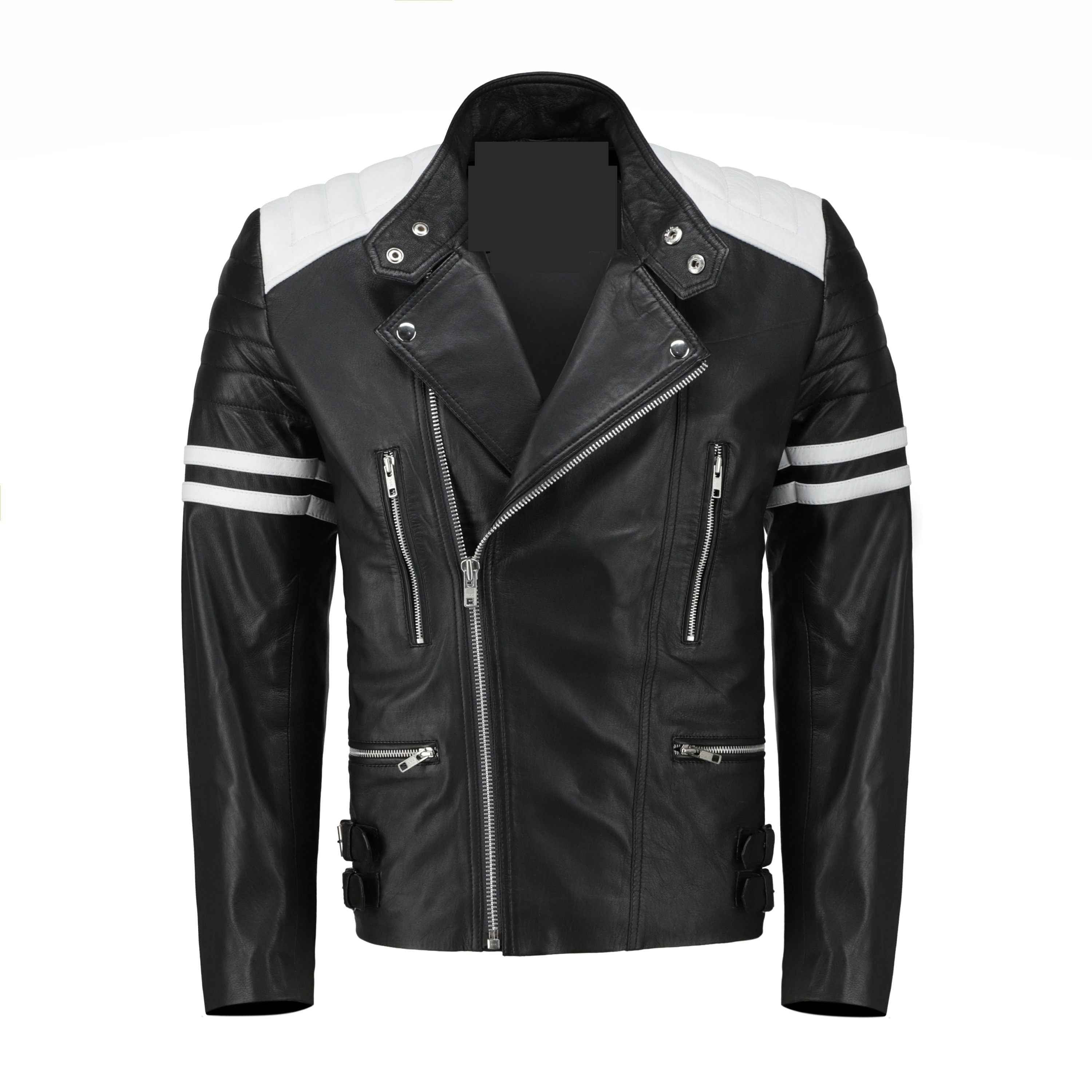 Rodger's Biker Style Leather Jacket - Handcrafted Black and White Biker Jacket by Ox and Bulls - Big Tim's Magic Emporium