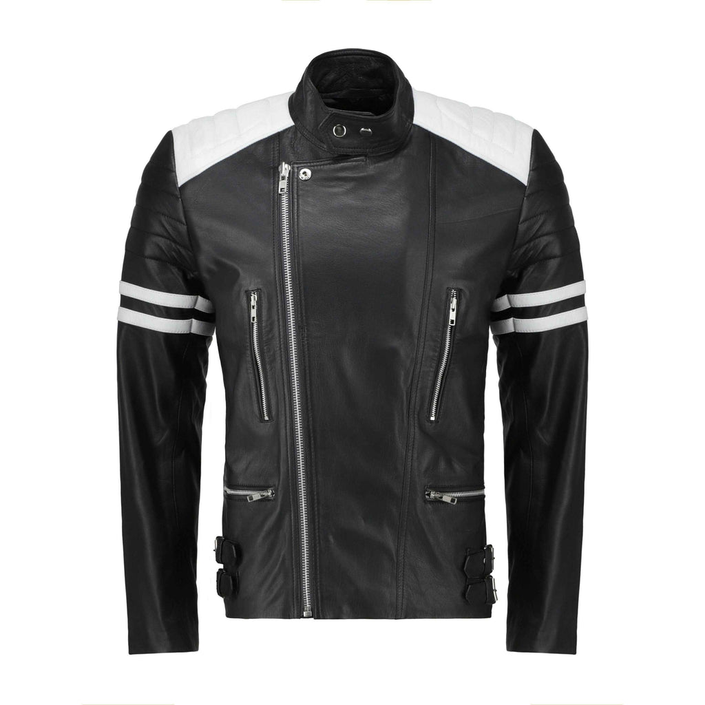 Rodger's Biker Style Leather Jacket - Handcrafted Black and White Biker Jacket by Ox and Bulls - Big Tim's Magic Emporium