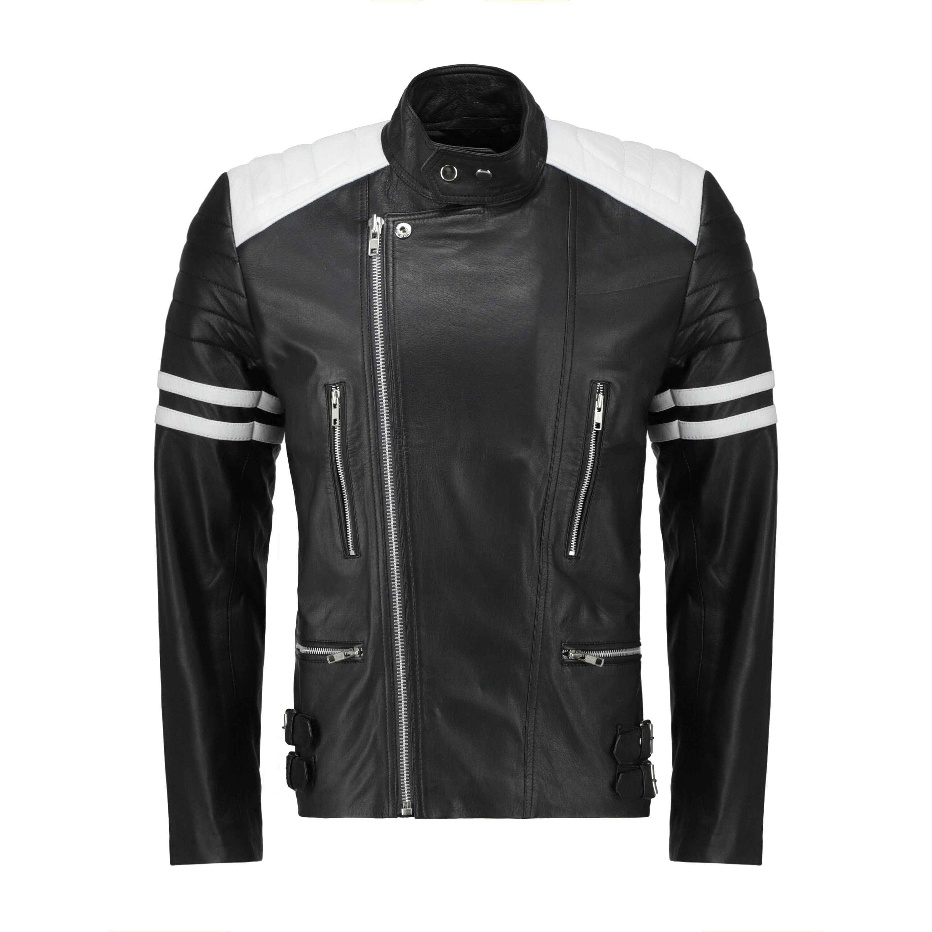 Rodger's Biker Style Leather Jacket - Handcrafted Black and White Biker Jacket by Ox and Bulls - Big Tim's Magic Emporium