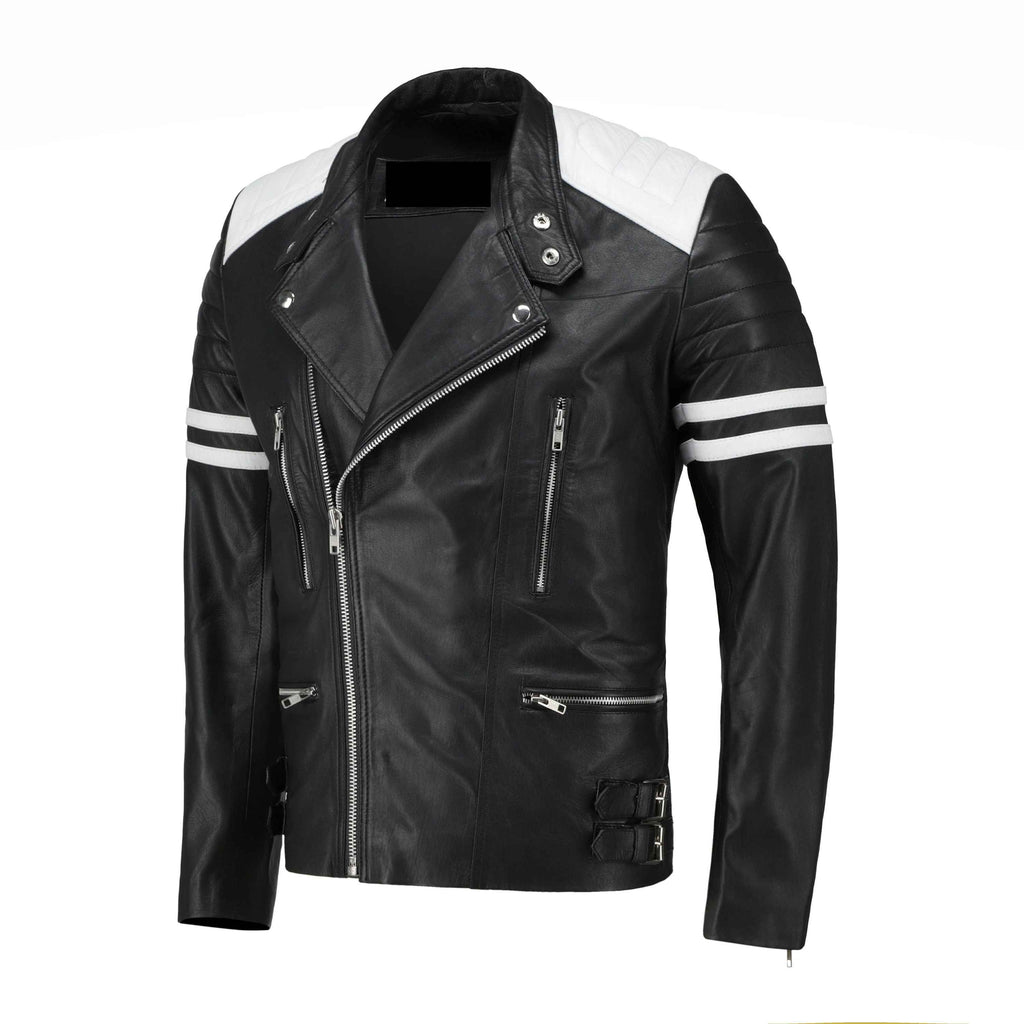 Rodger's Biker Style Leather Jacket - Handcrafted Black and White Biker Jacket by Ox and Bulls - Big Tim's Magic Emporium