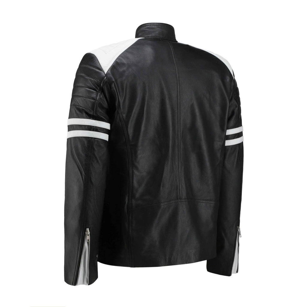 Rodger's Biker Style Leather Jacket - Handcrafted Black and White Biker Jacket by Ox and Bulls - Big Tim's Magic Emporium