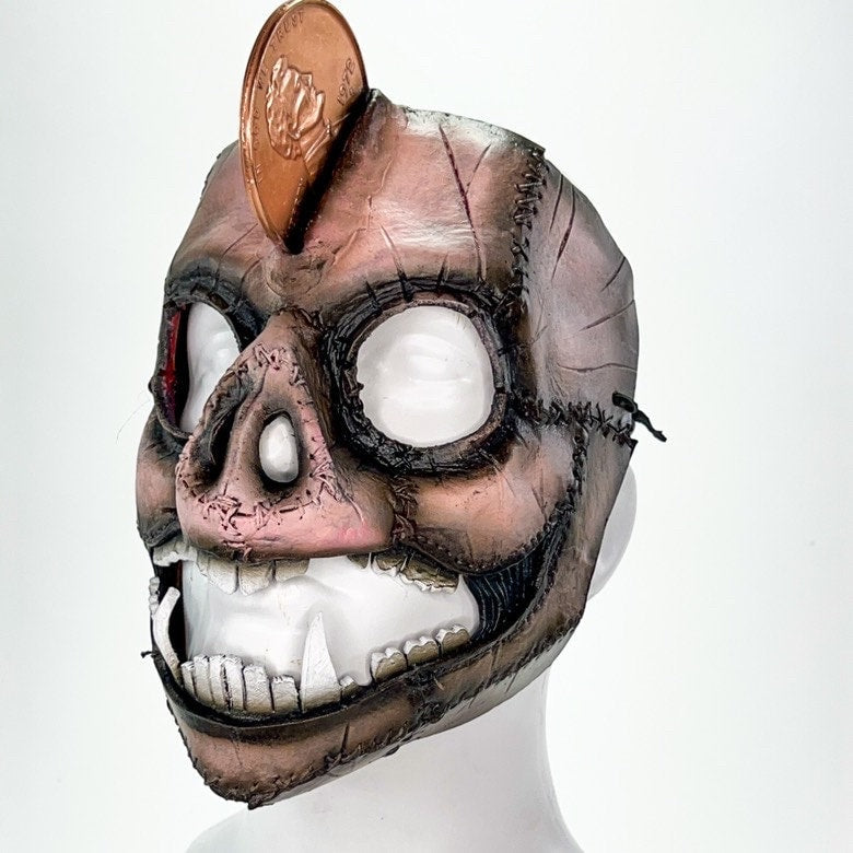 Demented Piggy Bank - Genuine Leather Mask - Real Copper Penny - Handmade Full Face Cover for Halloween or Performance Costume by Rockwell Masks