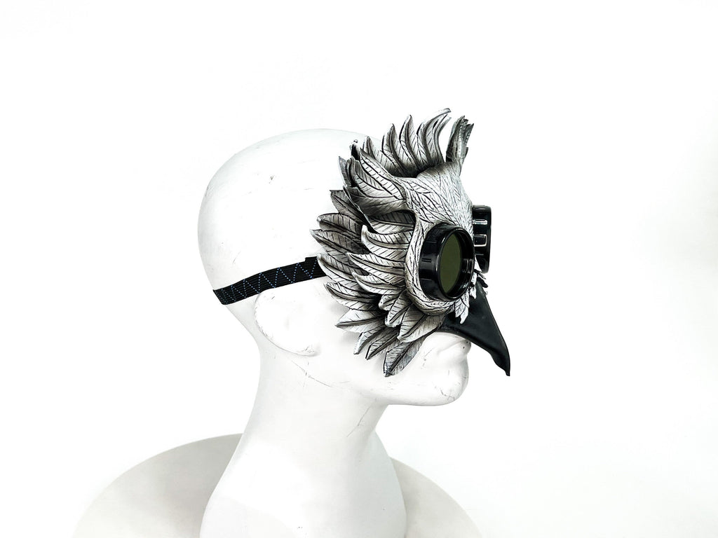 White Horned Owl Goggles Handmade Genuine Leather Mask by Rockwell Masks