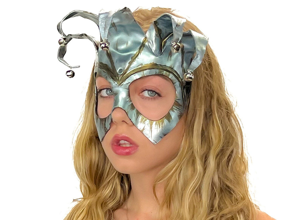 Handmade Genuine Leather Five Point Jester Mask in Patina Silver by Rockwell Masks