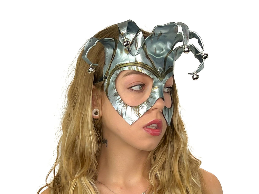 Handmade Genuine Leather Five Point Jester Mask in Patina Silver by Rockwell Masks