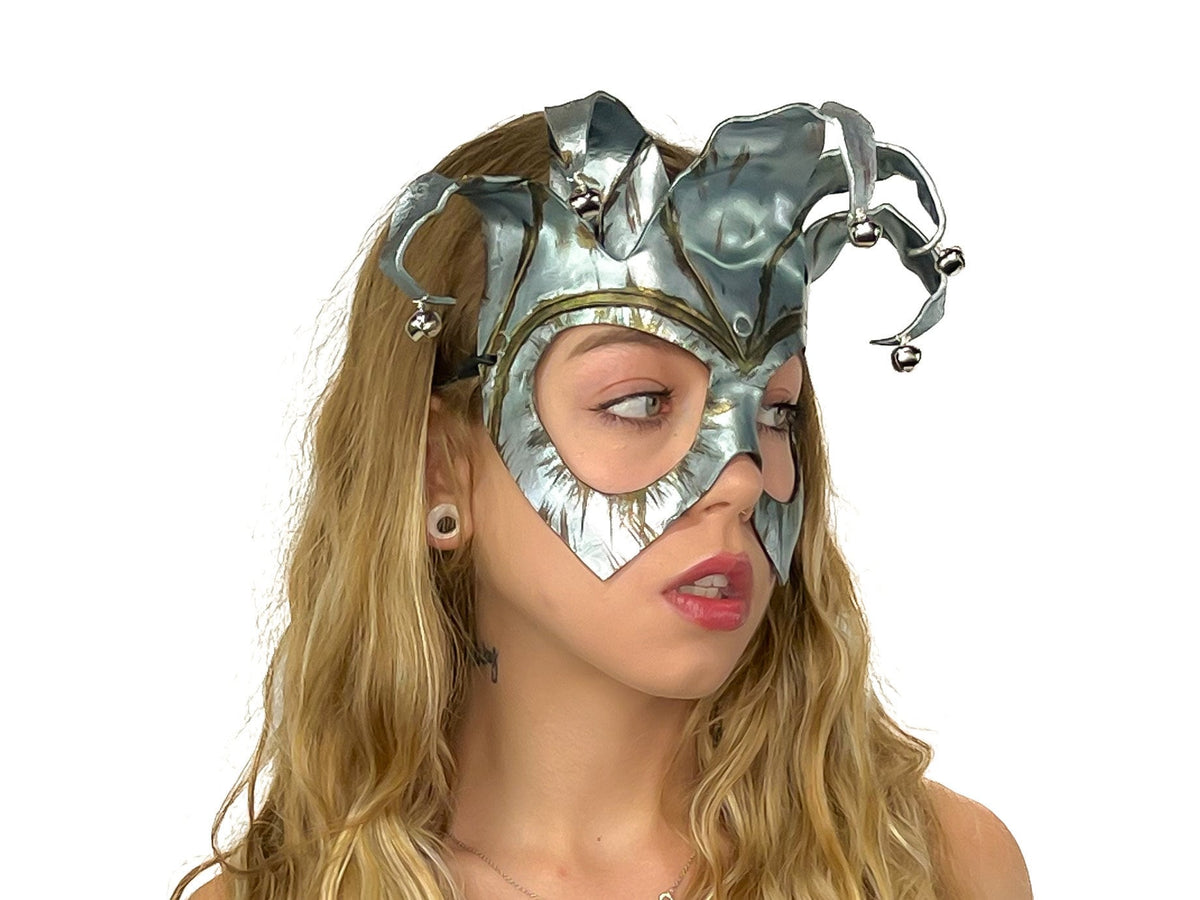 Handmade Genuine Leather Five Point Jester Mask in Patina Silver by Rockwell Masks