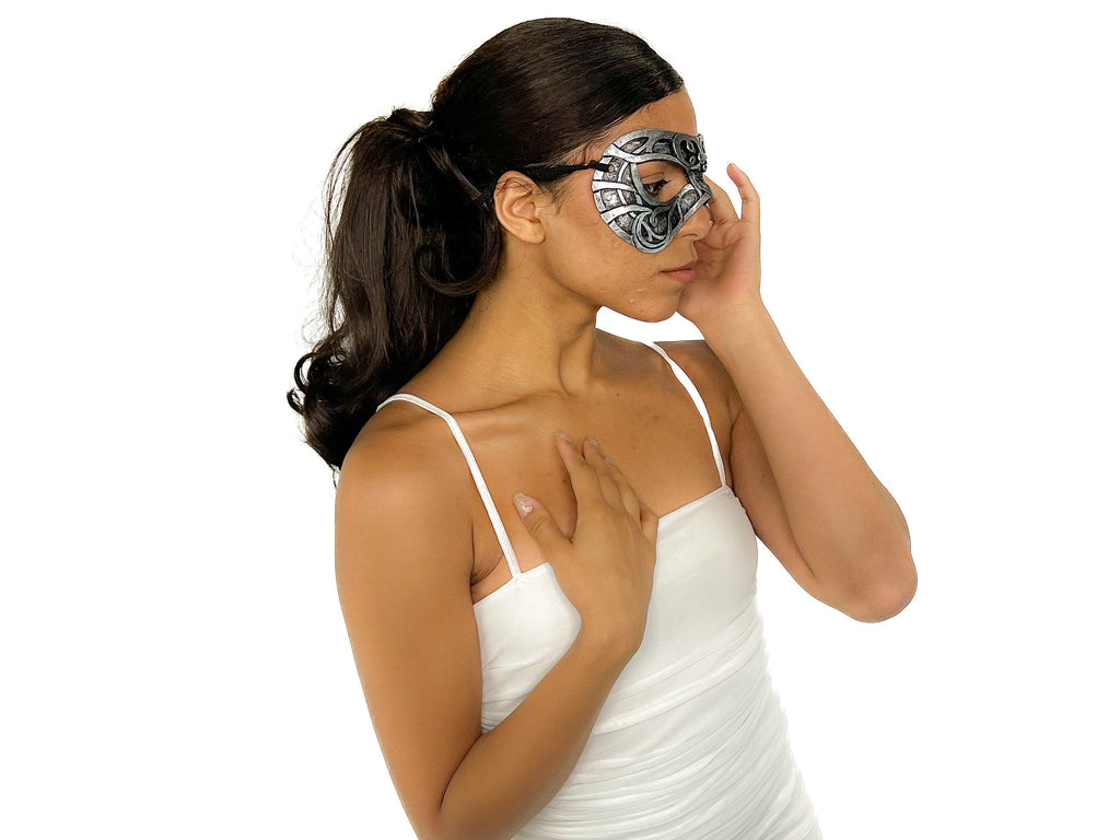 Dual Layer Ornate Masquerade Handmade Genuine Leather Eye Mask in Silver by Rockwell Masks