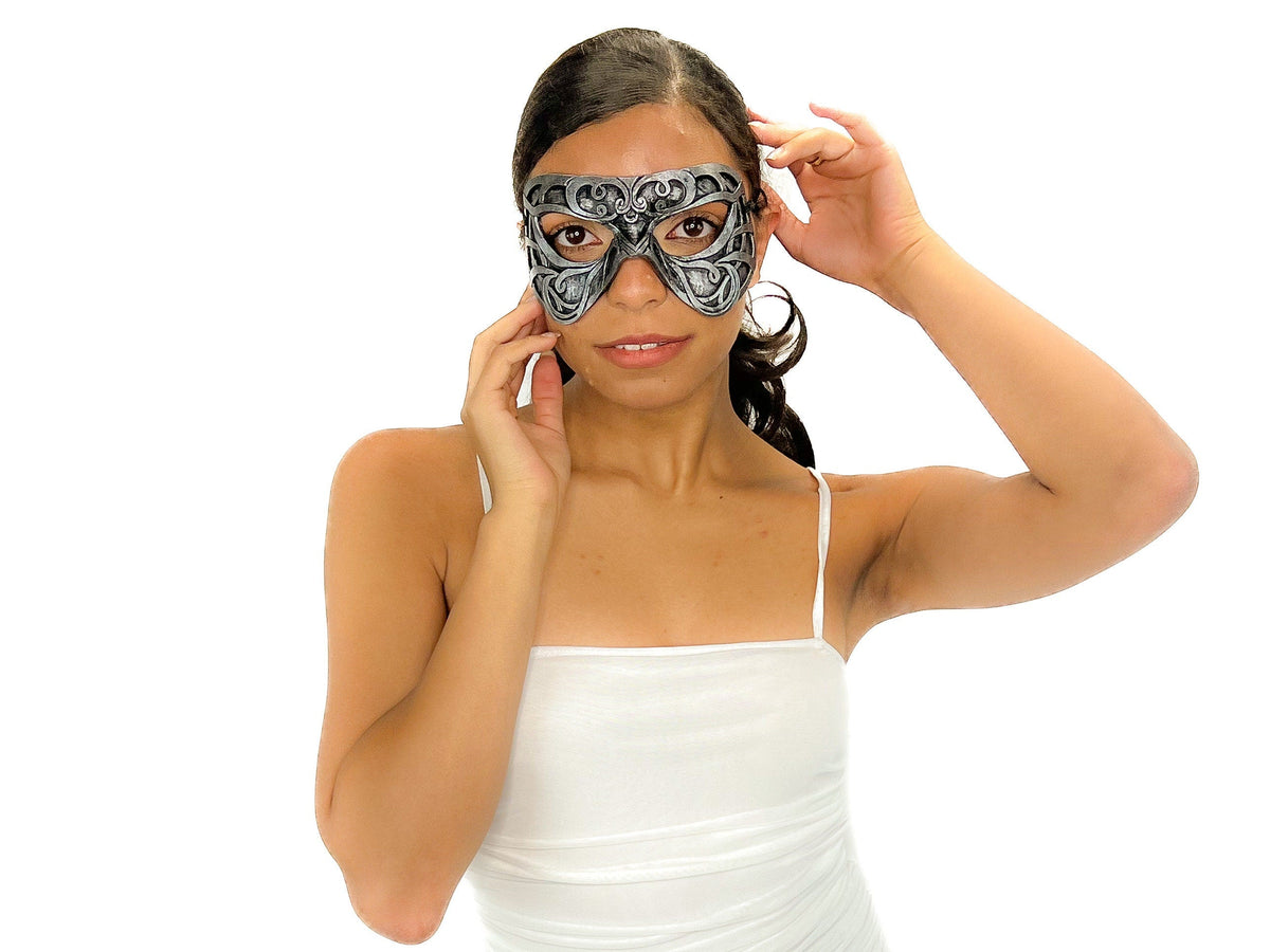 Dual Layer Ornate Masquerade Handmade Genuine Leather Eye Mask in Silver by Rockwell Masks