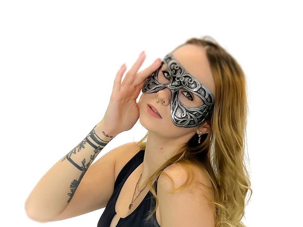 Dual Layer Ornate Masquerade Handmade Genuine Leather Eye Mask in Silver by Rockwell Masks