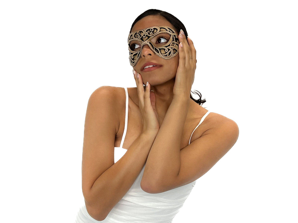 Dual Layer Ornate Masquerade Handmade Genuine Leather Eye Mask in Vintage Cream by Rockwell Masks