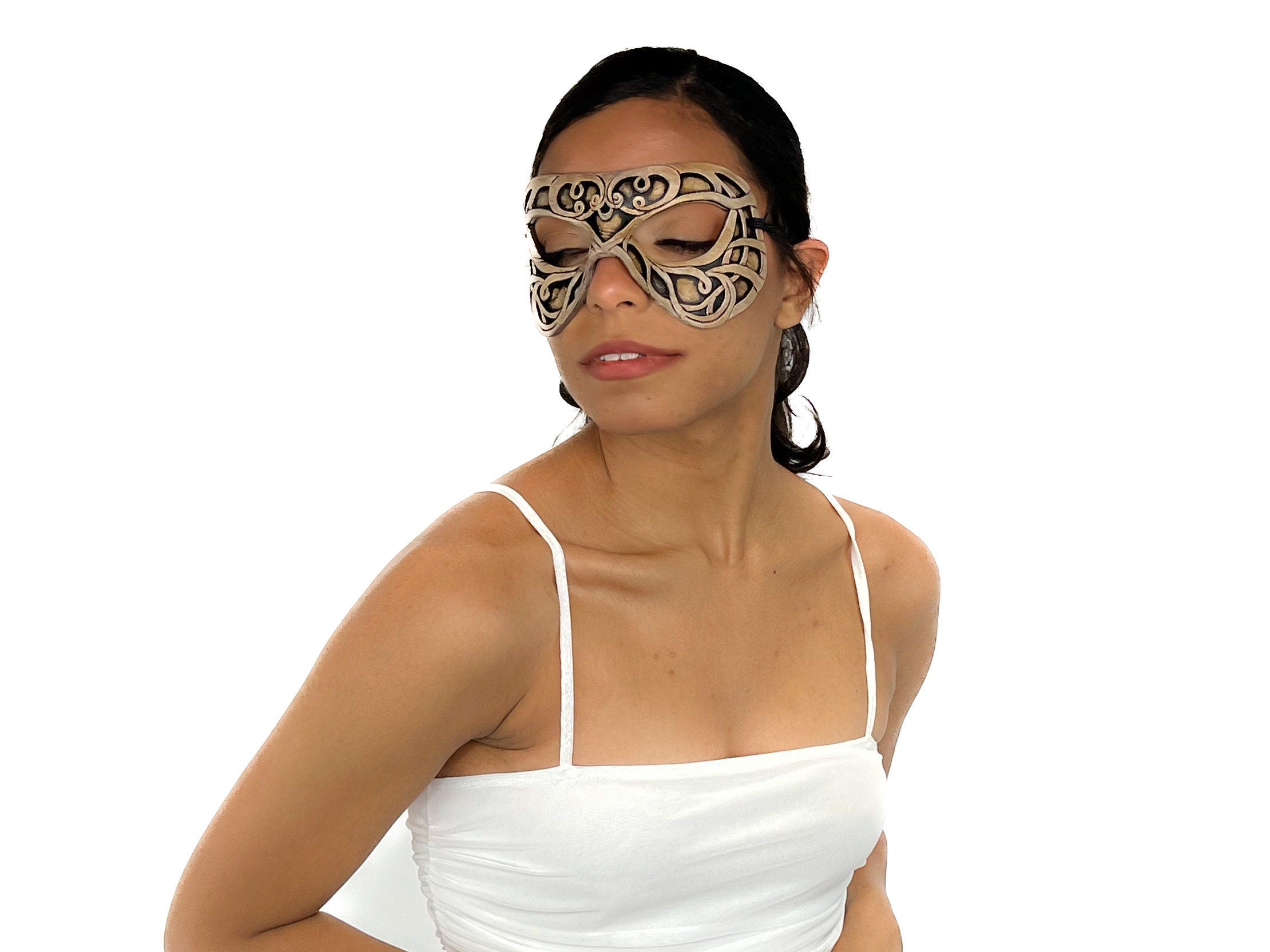Dual Layer Ornate Masquerade Handmade Genuine Leather Eye Mask in Vintage Cream by Rockwell Masks