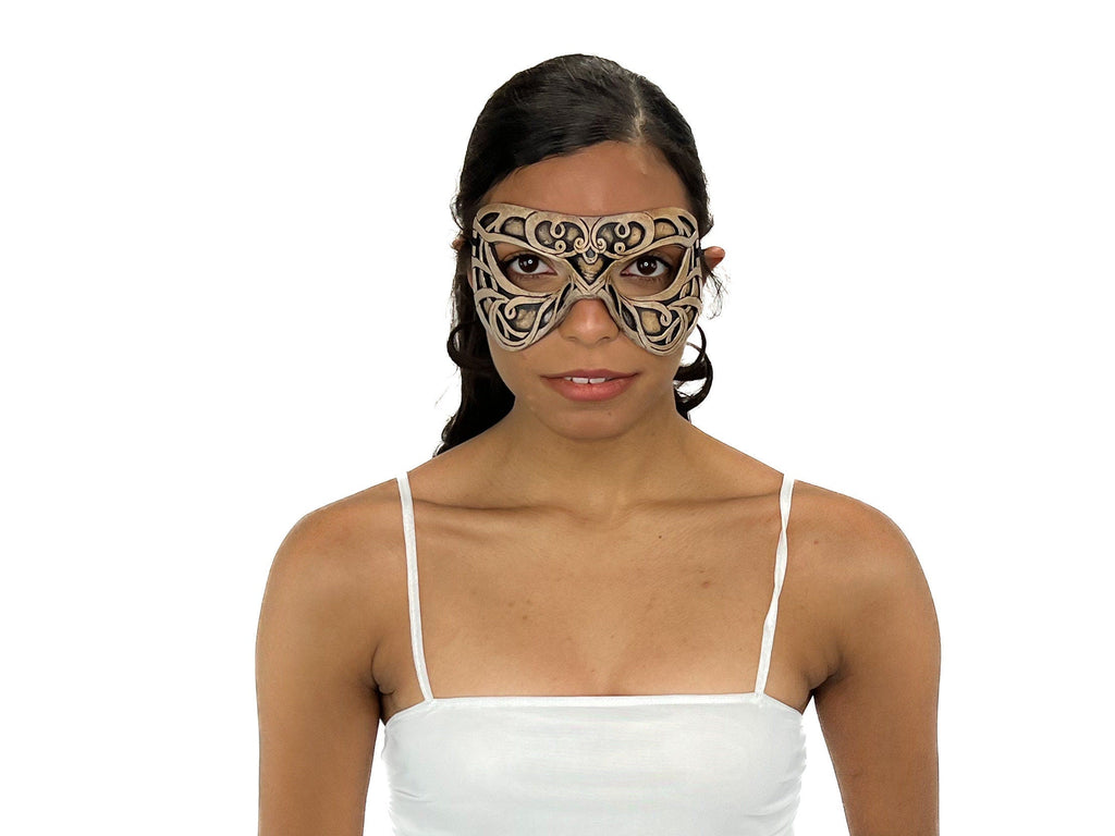 Dual Layer Ornate Masquerade Handmade Genuine Leather Eye Mask in Vintage Cream by Rockwell Masks