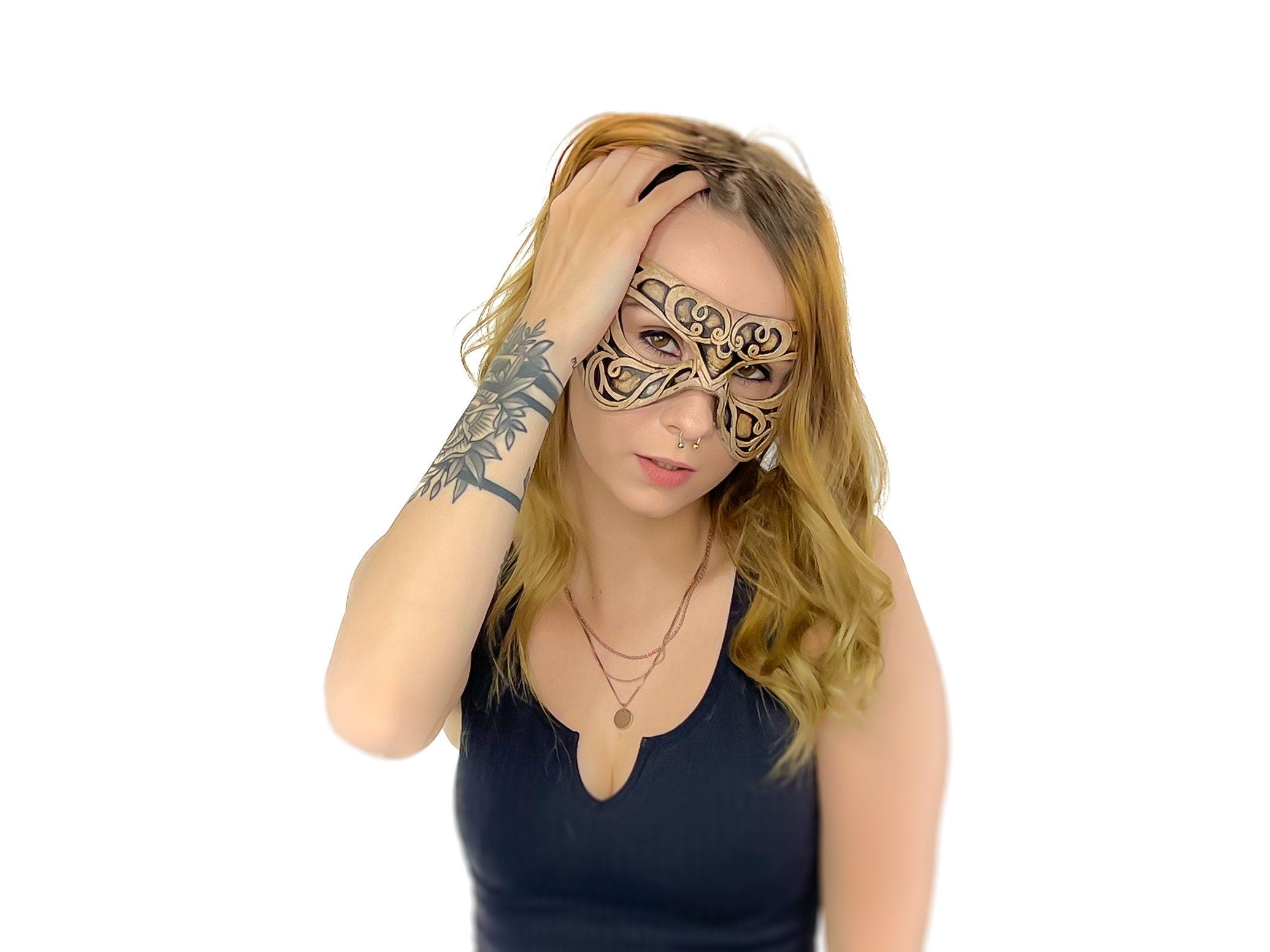 Dual Layer Ornate Masquerade Handmade Genuine Leather Eye Mask in Vintage Cream by Rockwell Masks