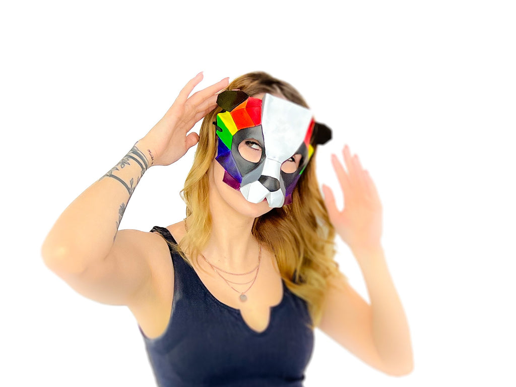 Geometric Rainbow Panda Bear Leather Mask by Rockwell Masks