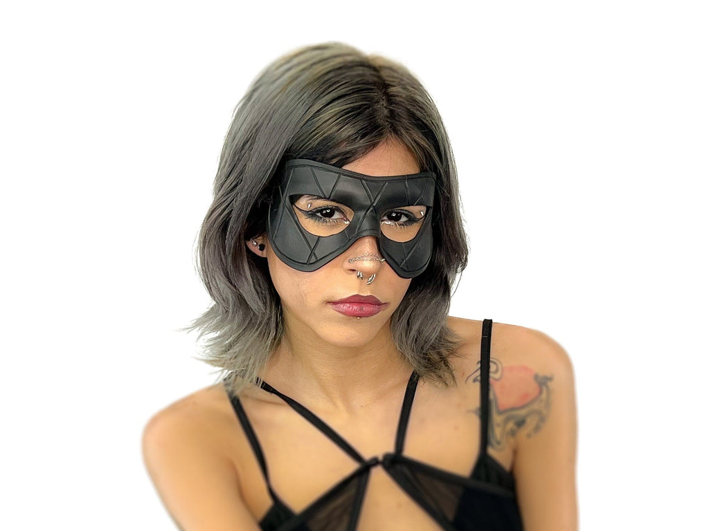 Compact Harlequin Handmade Genuine Leather Mask in Solid Black by Rockwell Masks
