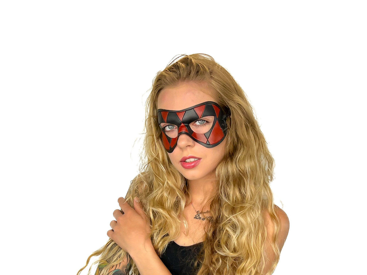Compact Harlequin Handmade Genuine Leather Mask in Red and Black by Rockwell Masks