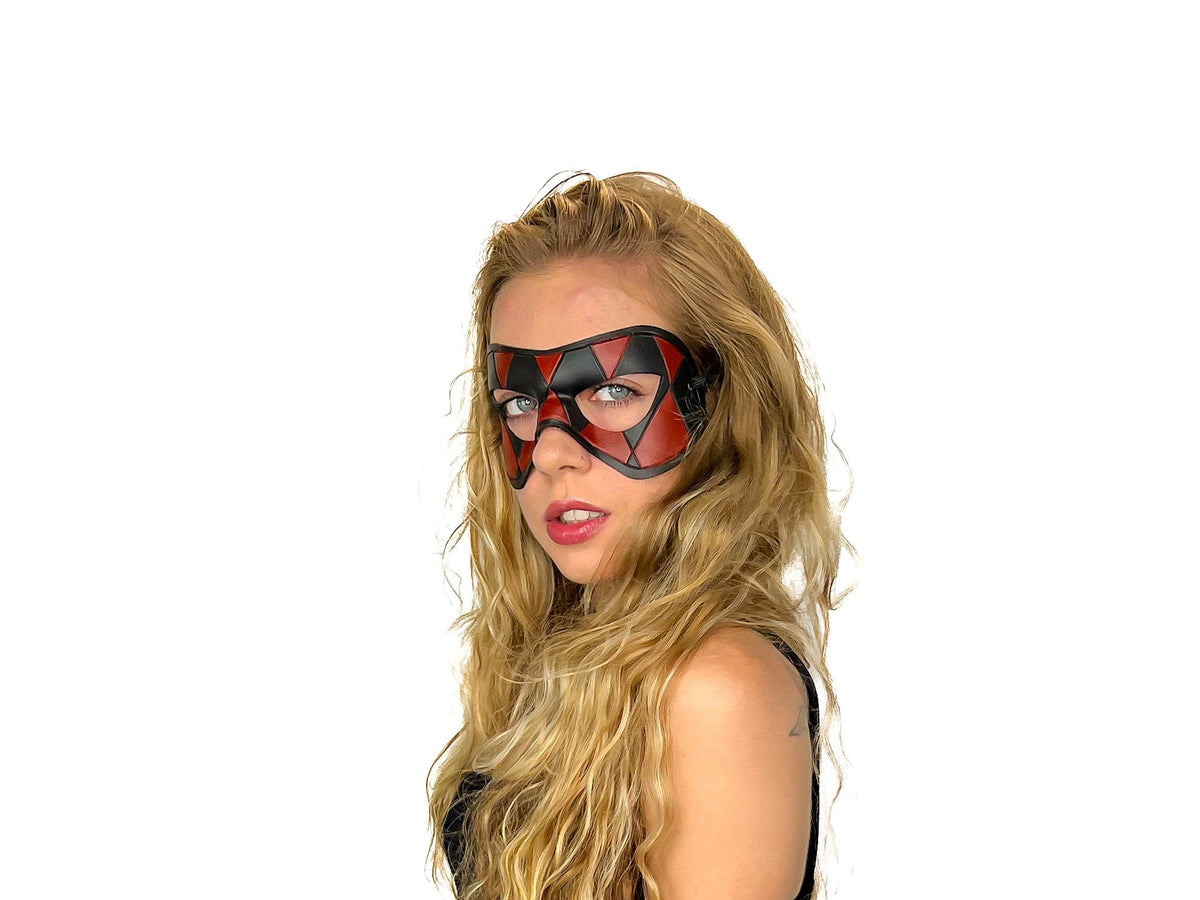 Compact Harlequin Handmade Genuine Leather Mask in Red and Black by Rockwell Masks