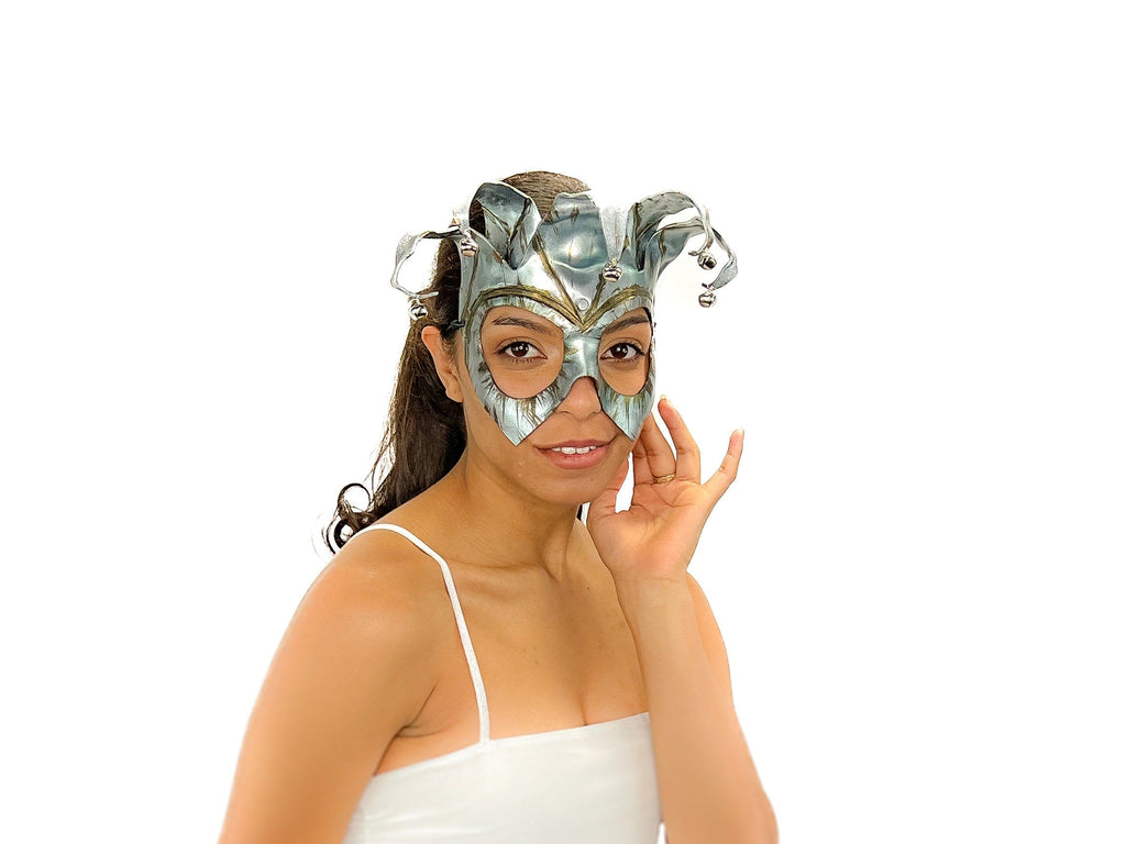 Handmade Genuine Leather Five Point Jester Mask in Patina Silver by Rockwell Masks