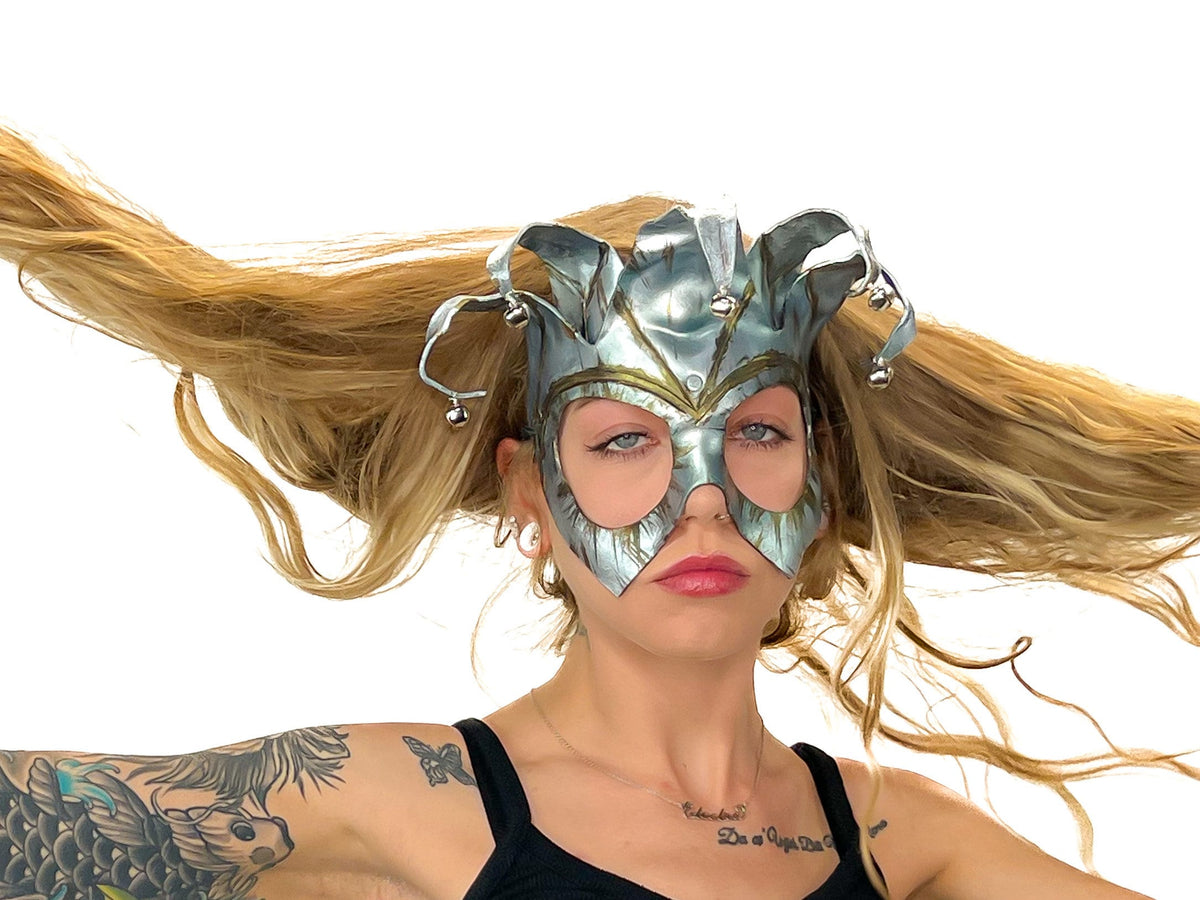 Handmade Genuine Leather Five Point Jester Mask in Patina Silver by Rockwell Masks