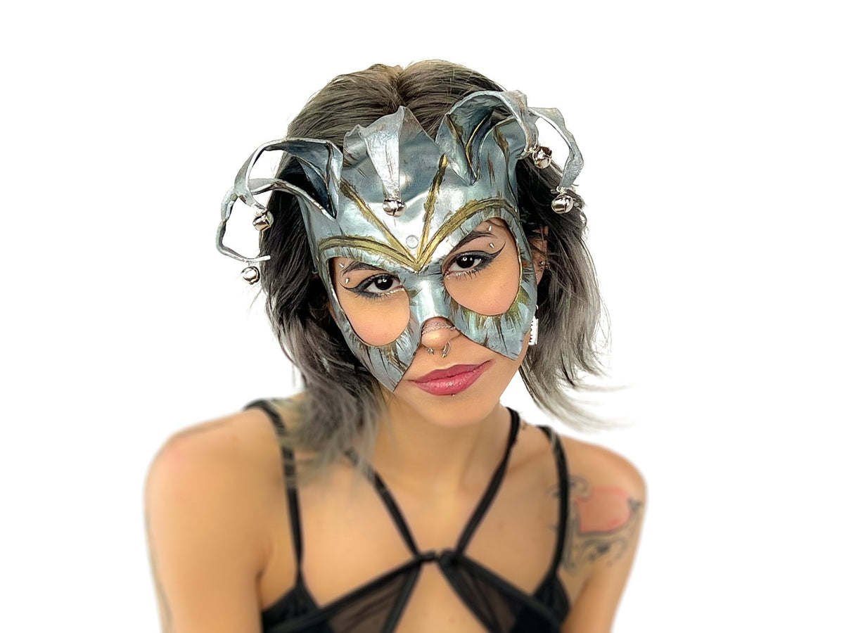 Handmade Genuine Leather Five Point Jester Mask in Patina Silver by Rockwell Masks
