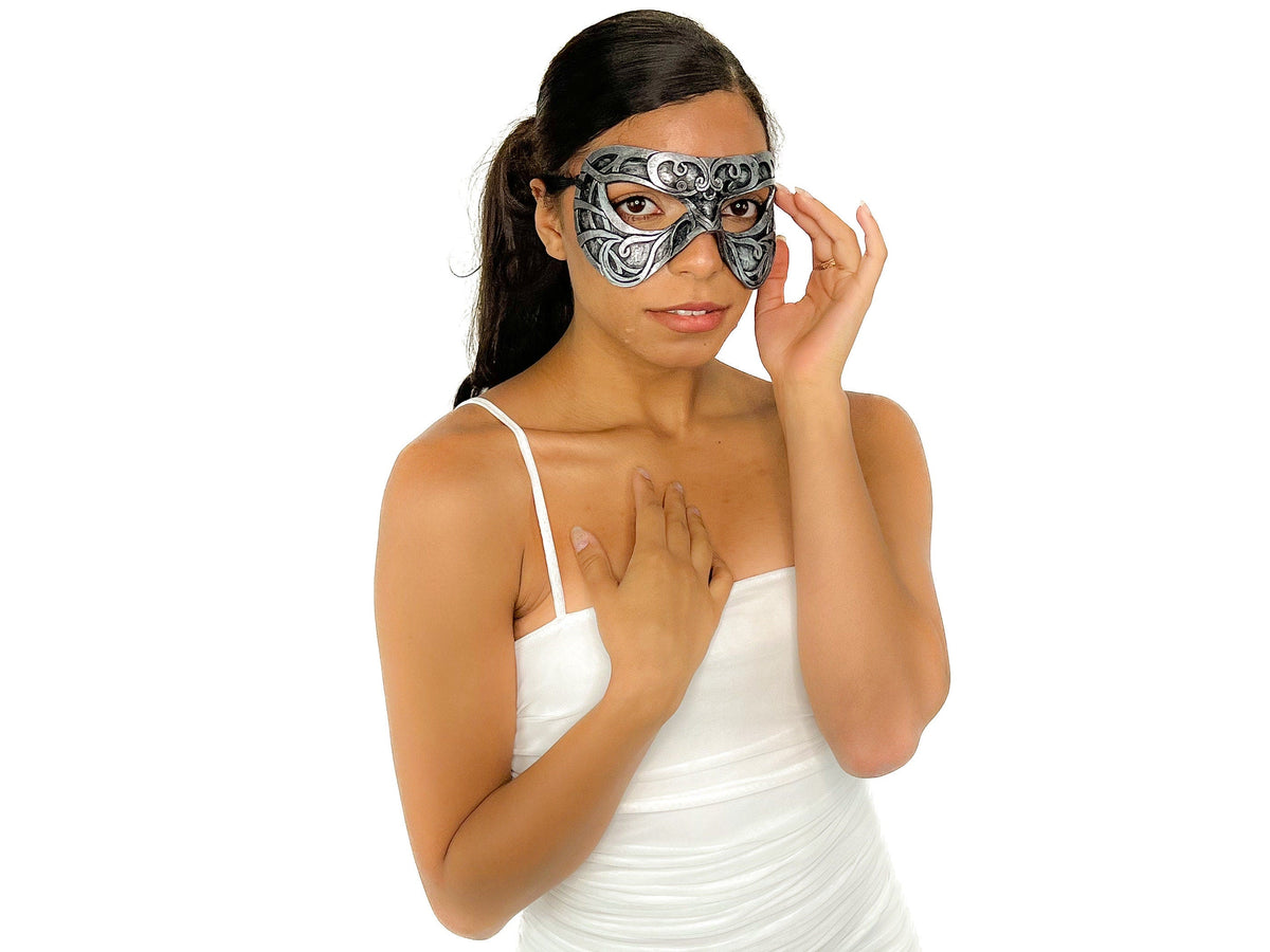 Dual Layer Ornate Masquerade Handmade Genuine Leather Eye Mask in Silver by Rockwell Masks