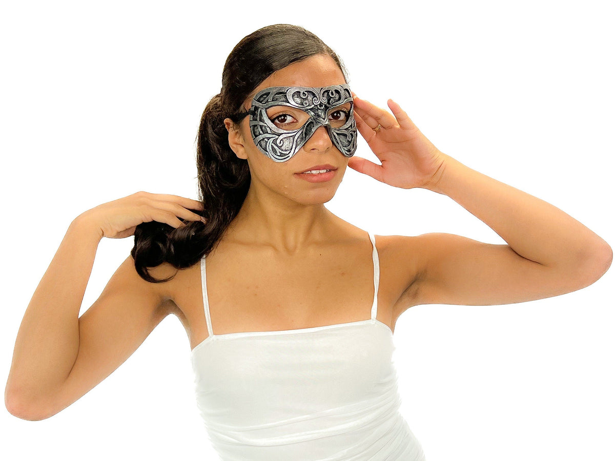 Dual Layer Ornate Masquerade Handmade Genuine Leather Eye Mask in Silver by Rockwell Masks