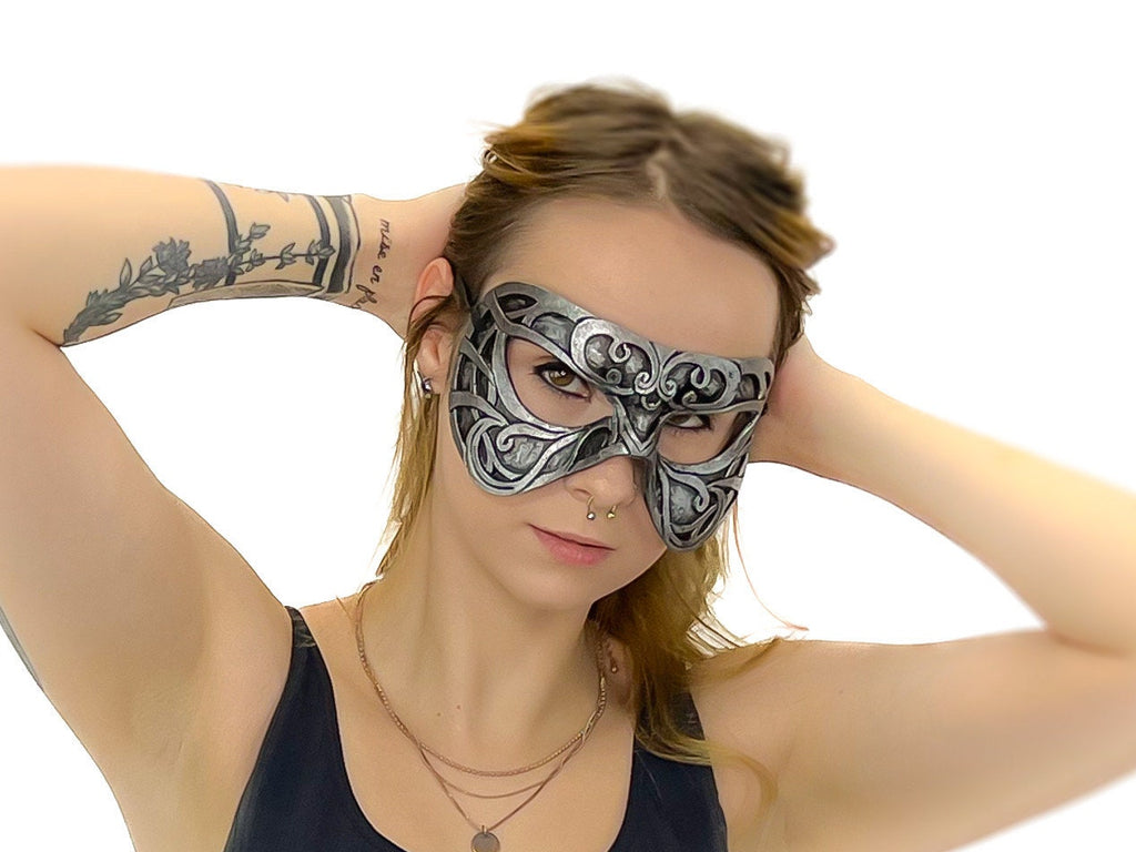 Dual Layer Ornate Masquerade Handmade Genuine Leather Eye Mask in Silver by Rockwell Masks