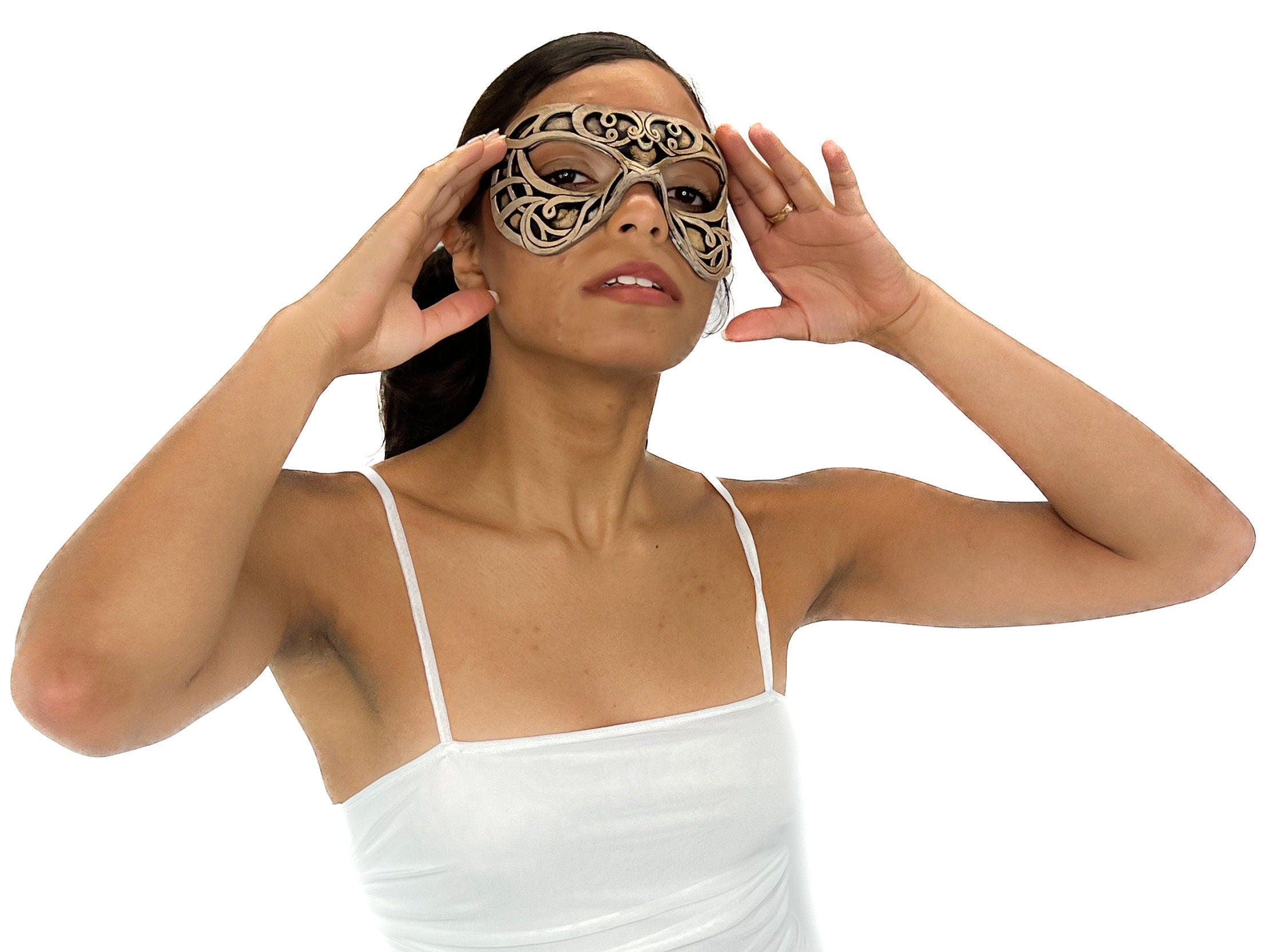 Dual Layer Ornate Masquerade Handmade Genuine Leather Eye Mask in Vintage Cream by Rockwell Masks