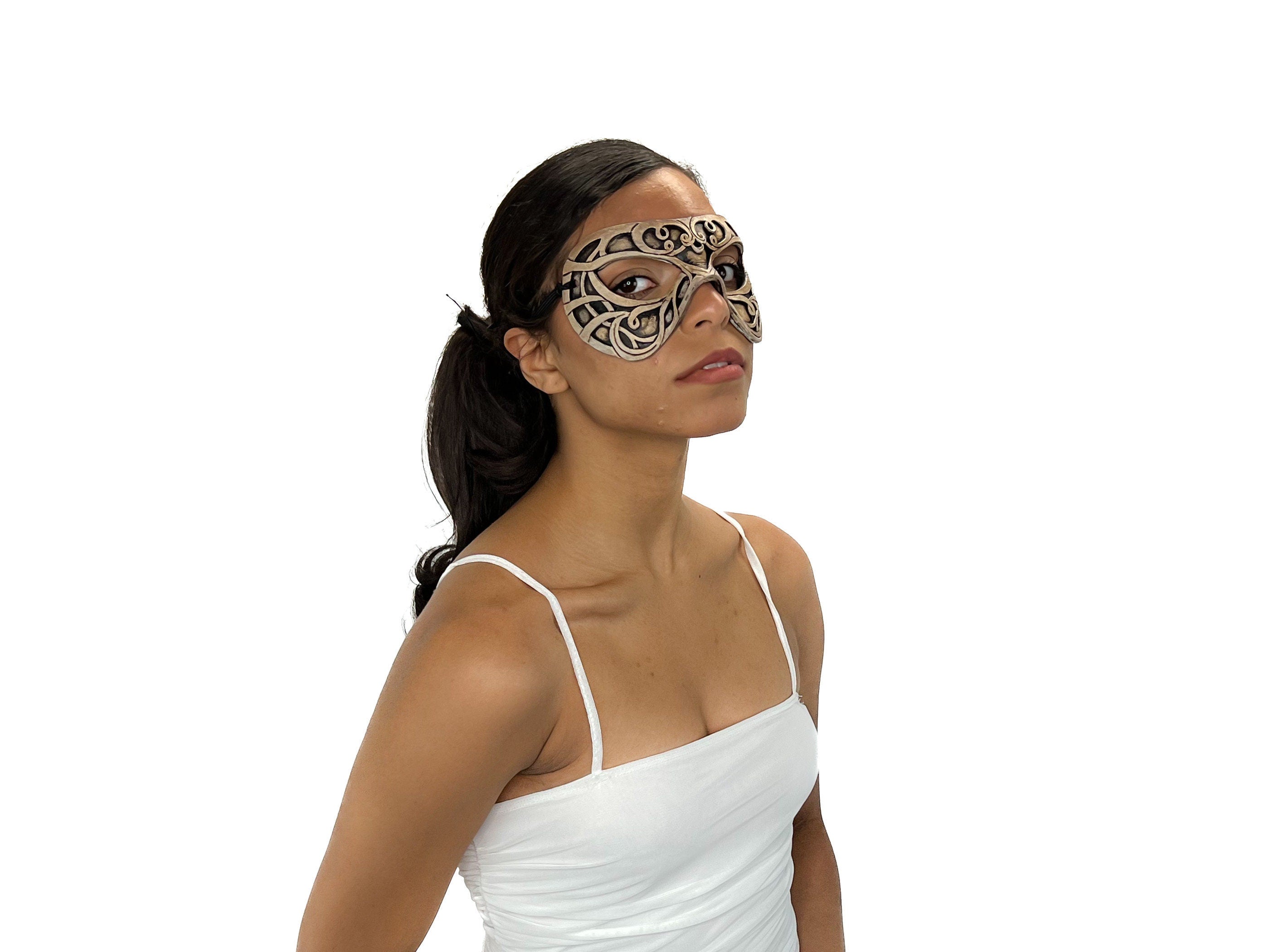 Dual Layer Ornate Masquerade Handmade Genuine Leather Eye Mask in Vintage Cream by Rockwell Masks