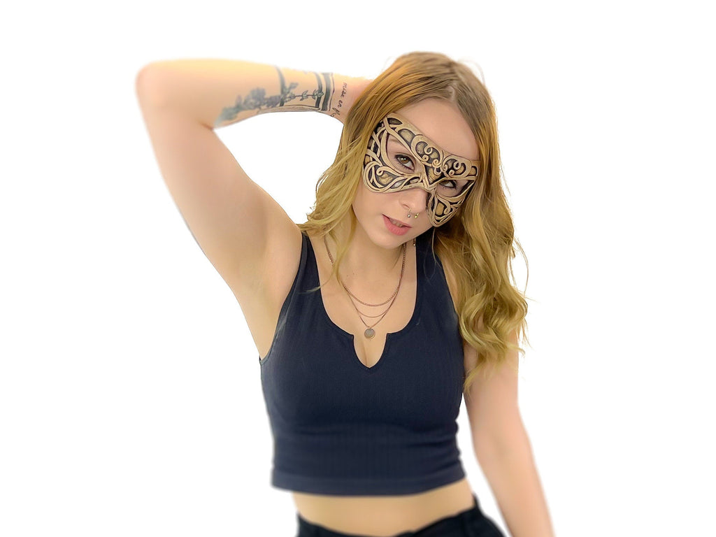 Dual Layer Ornate Masquerade Handmade Genuine Leather Eye Mask in Vintage Cream by Rockwell Masks