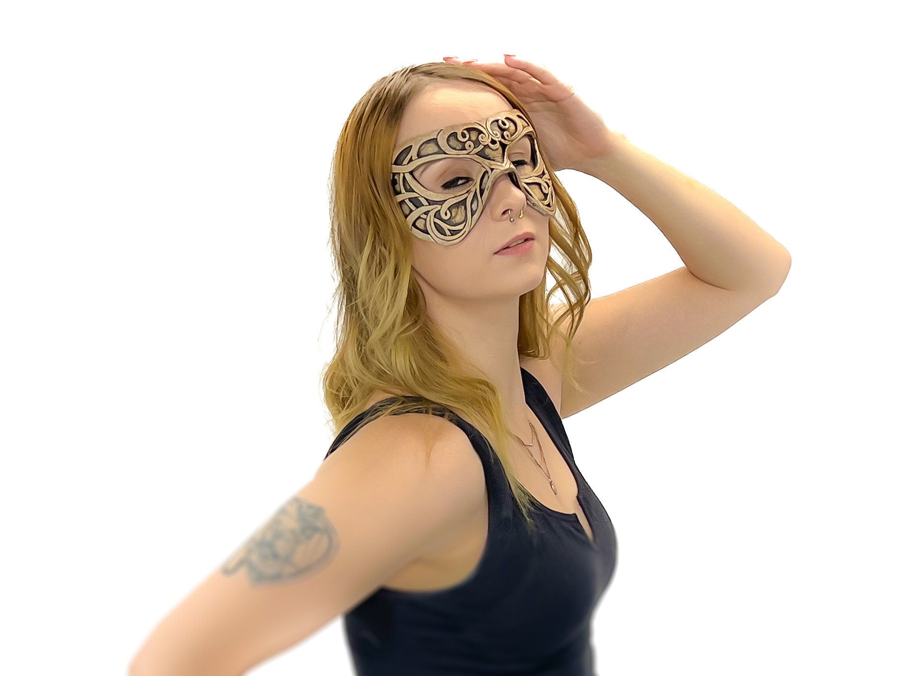 Dual Layer Ornate Masquerade Handmade Genuine Leather Eye Mask in Vintage Cream by Rockwell Masks