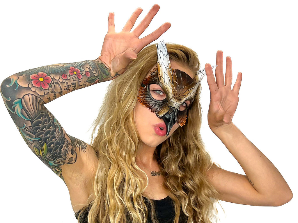 Layered Eagle Owl Handmade Genuine Leather Mask by Rockwell Masks