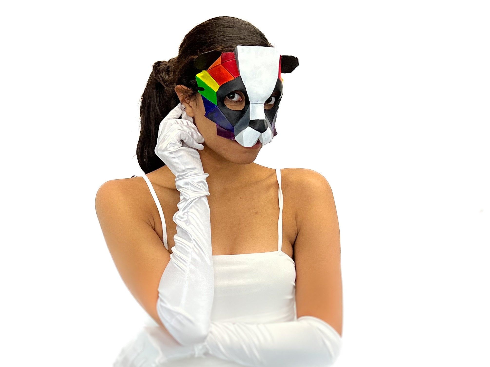 Geometric Rainbow Panda Bear Leather Mask by Rockwell Masks