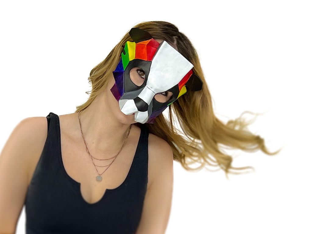 Geometric Rainbow Panda Bear Leather Mask by Rockwell Masks
